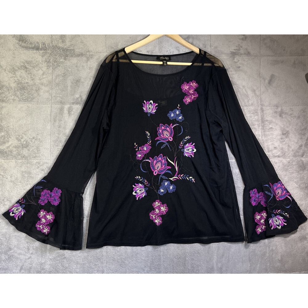 Thalia Sodi Blouse + Tank Womens 2XL Black Sheer Embroidered Fairy Witchy Gothic